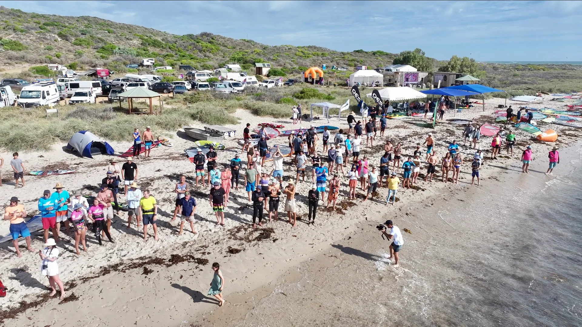 Wave Rally competitors gathered on the beach at Coronation Beach, Geraldton